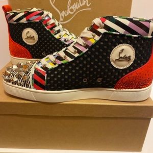 New Christian Louboutin No Limit Flat Pik Pik Stripes HighTop Sneakers 44.5/11.5